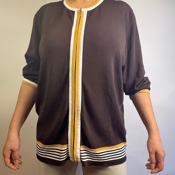 dressbarn Sweaters - Dressbarn Woman Brown Yellow Striped Zip Front Cardigan Sweater‎ Plus Size 22/24